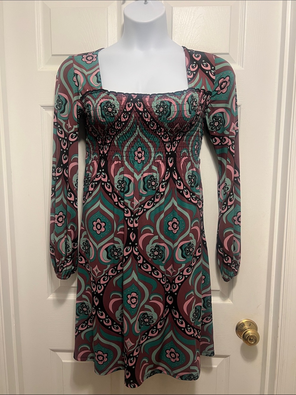Bisou Bisou Teal & Pink Smocked Square-Neck Long Sleeve Dress
